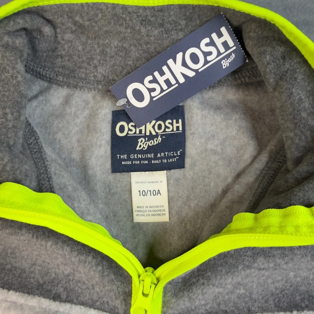 OshKosh‎ Boys Gray Fleece Quarter Zip Pullover Neon Yellow Trim Size 10 NWT